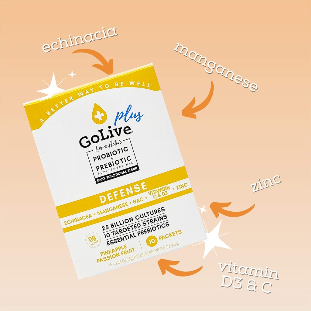GoLive Immune Defense – Sugar-Free Synbiotic Powder with Prebiotics & Probiotics – 25 Billion CFUs, 10 Clinical Strains – Supports Digestion, Metabolism & Immunity – 10 Servings 3