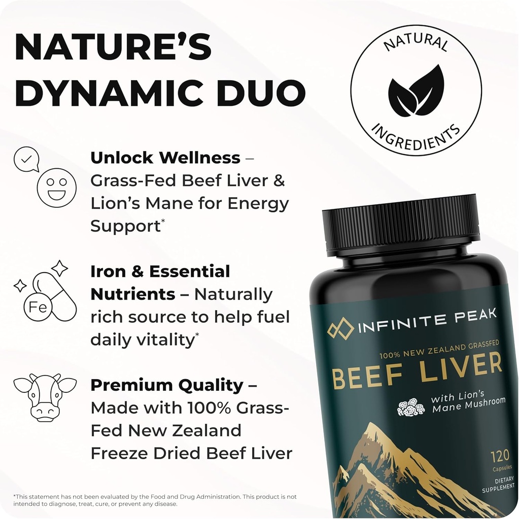 Natural Energy & Focus for High Performing Professionals w/Grass Fed Beef Liver Capsules w/Lions Mane | Grassfed Beef Liver Supplement Supports Full Body Wellness & Iron Levels | 30 Serving-120 Cnt 3