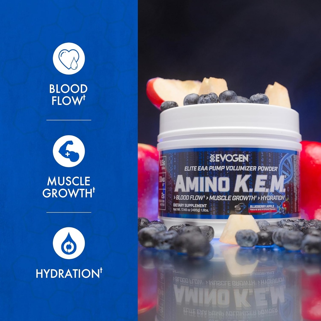 Evogen Amino K.E.M. - EAA & BCAA Powder Pump Volumizer | BCAAs Amino Acids Supplement for Blood Flow, Muscle Growth, & Hydration | Blueberry Apple | 30 Servings 3
