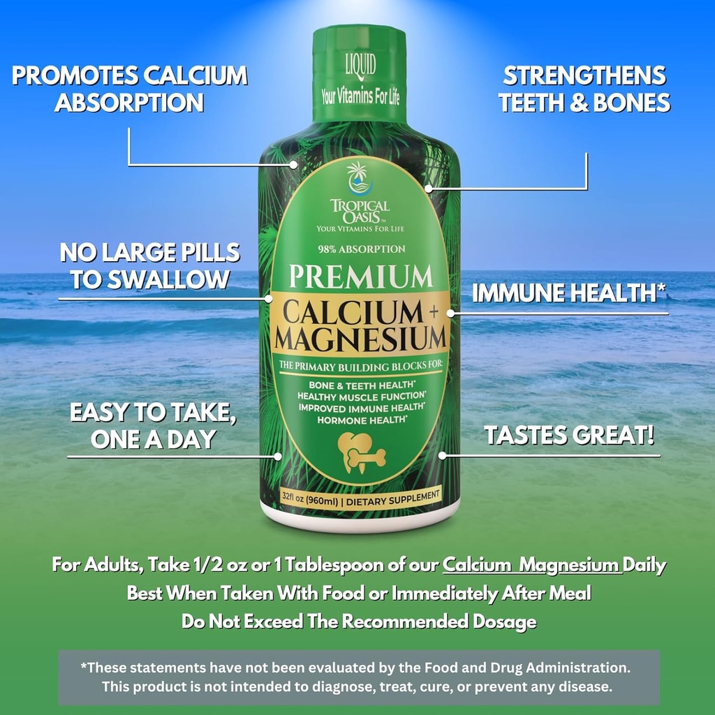 Tropical Oasis Liquid Calcium Magnesium | Promotes Strong Bones & Healthy Teeth | 98% Max Absorption | 32 Fl Oz, 64 Serv 4