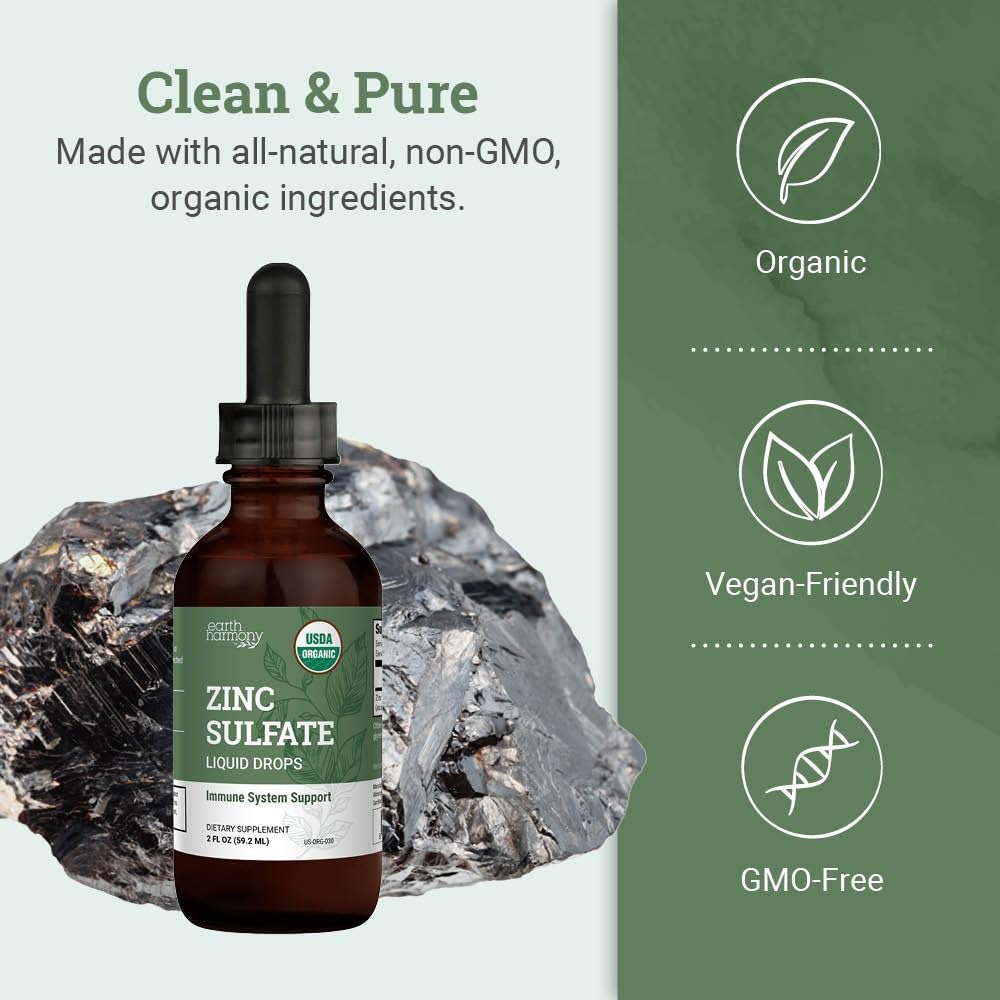 Organic Liquid Zinc Sulfate - Pure Zinc Supplements for Skin Health, Immune System Function and Normal Cell Growth in Adult Men & Women - Non-GMO, Vegan 7.5mg - 2 Fl Oz 4