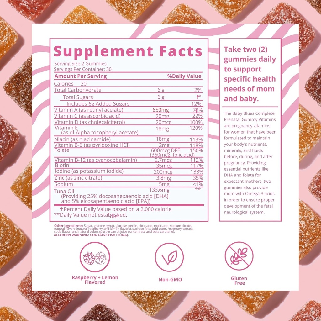 Baby Blues Prenatal Gummies: Complete Multivitamin with DHA + EPA Omega 3s 6