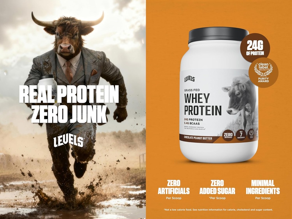 Levels Grass Fed Whey Protein Powder, No Artificials, 24G of Protein, Chocolate Peanut Butter, 2LB 3
