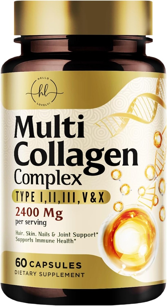 Multi Collagen Peptides 2400mg for Women – Best Hydrolyzed Collagen Complex with 5 Types (I, II, III, V, X) - Grass Fed - Hair, Skin, Nail, Bone & Joint Support for Beauty & Wellness – 60 Capsules 2
