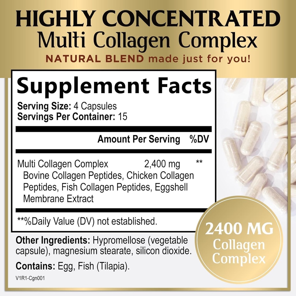 Multi Collagen Peptides 2400mg for Women – Best Hydrolyzed Collagen Complex with 5 Types (I, II, III, V, X) - Grass Fed - Hair, Skin, Nail, Bone & Joint Support for Beauty & Wellness – 60 Capsules 3