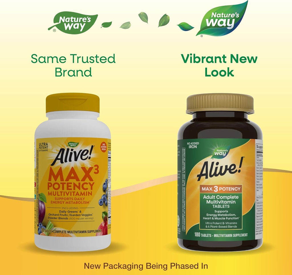 Nature's Way Alive! Max3 Potency Adult Complete Multivitamin, High Potency B-Vitamins to Support Energy Metabolism*, with Methylated B12 and Folate, No Added Iron, 180 Tablets 3