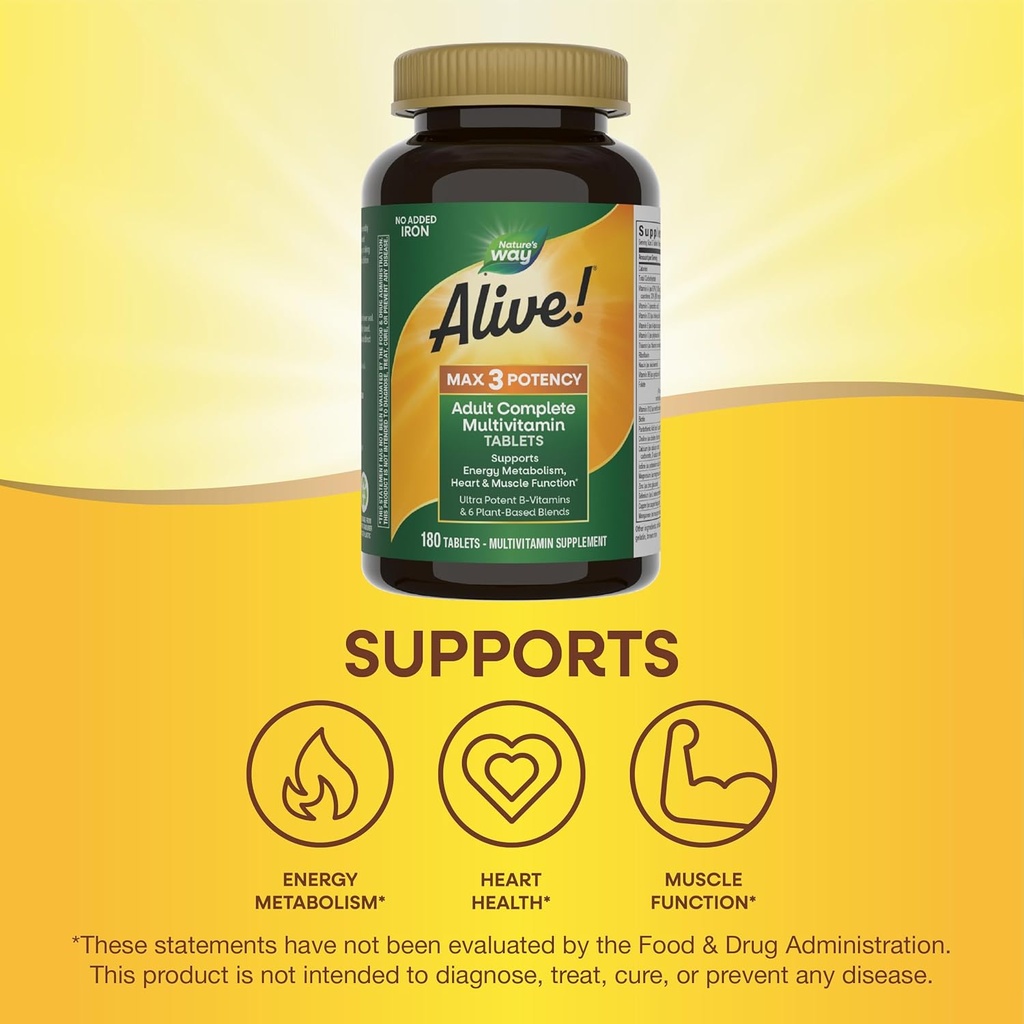 Nature's Way Alive! Max3 Potency Adult Complete Multivitamin, High Potency B-Vitamins to Support Energy Metabolism*, with Methylated B12 and Folate, No Added Iron, 180 Tablets 5