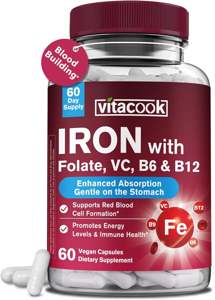 Iron Supplement for Women & Men, Iron Bisglycinate with Vitamin C, B6, B12, Folate, Stomach Friendly, Non-Constipating, Blood Health & Energy Boost, 60 Vegan Caps 2