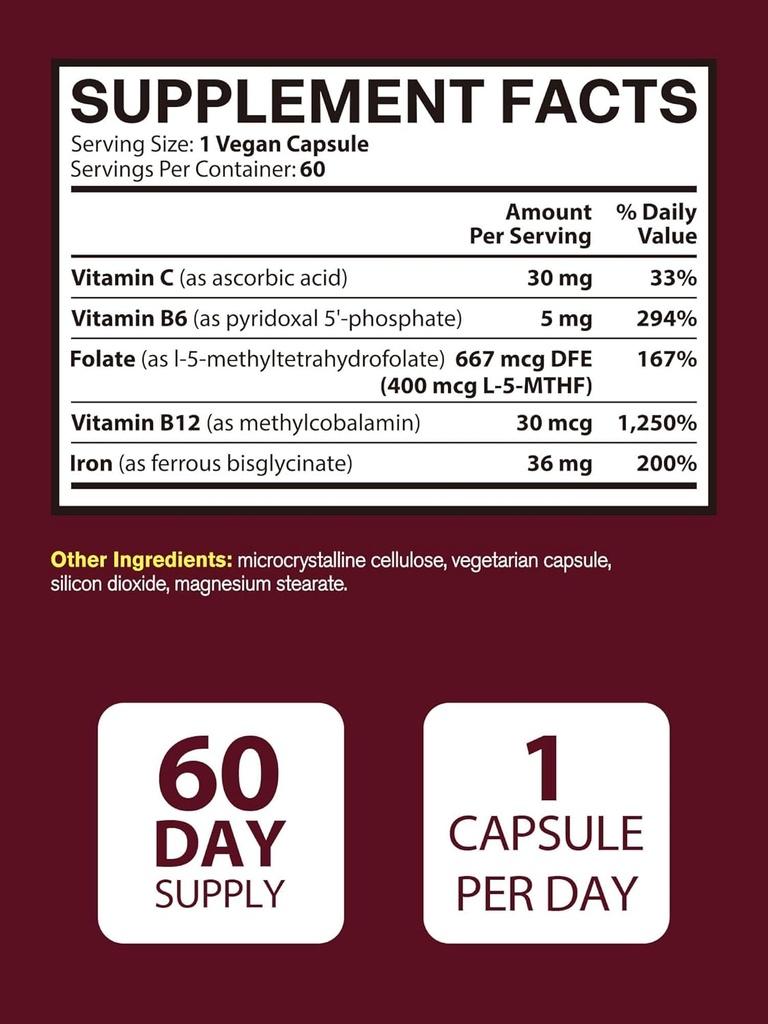 Iron Supplement for Women & Men, Iron Bisglycinate with Vitamin C, B6, B12, Folate, Stomach Friendly, Non-Constipating, Blood Health & Energy Boost, 60 Vegan Caps 6