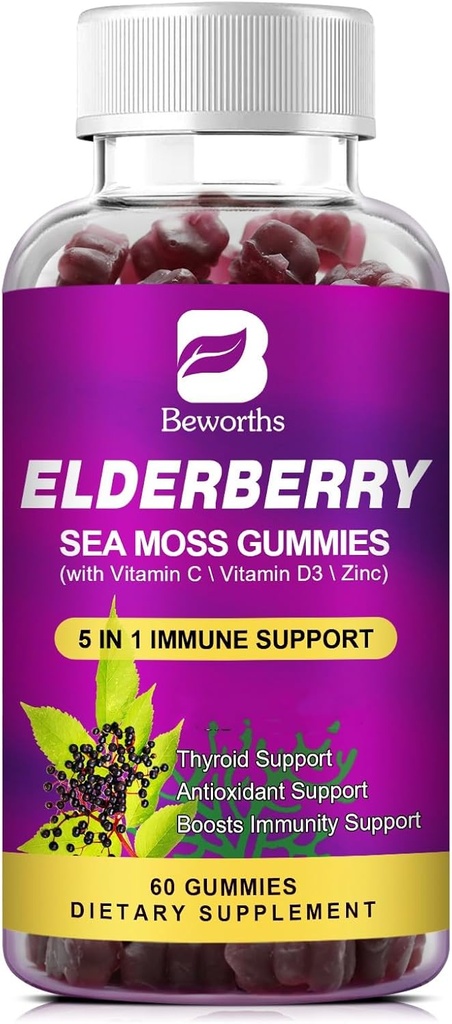 Elderberry Gummies & Irish Sea Moss, Organic Sambucus Elderberry Gummy with Seamoss, Zinc, Vitamin C, D3, Multivitamin Elderberry Vitamin & Energy Support Supplements - Sugar-Free 2