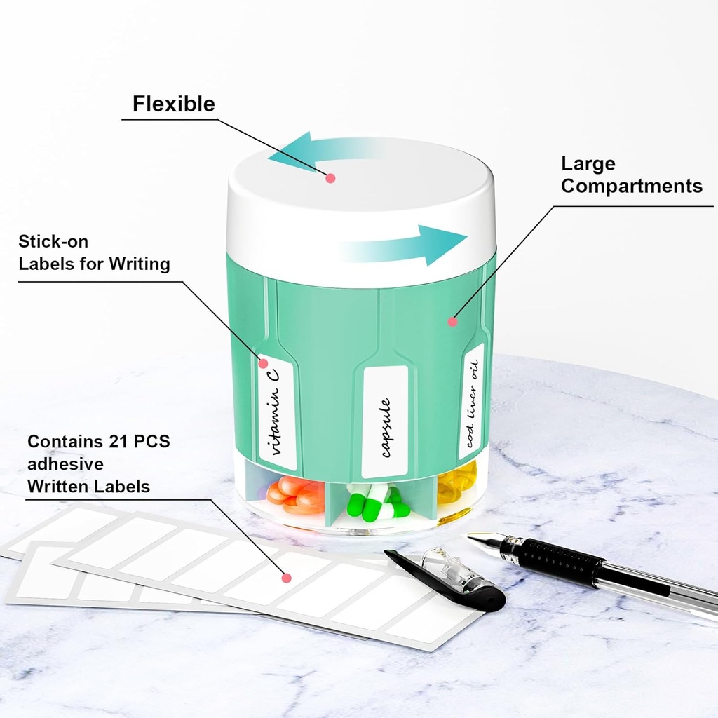 Betife Extra Large Supplement Organizer,Weekly Pill Organizer Bottle, Daily Pill Dispenser with 7 Large Compartments, Organizer to Hold 7 Day Vitamin Medication,21 Labels and a Cleaning Brush(Cyan) 6