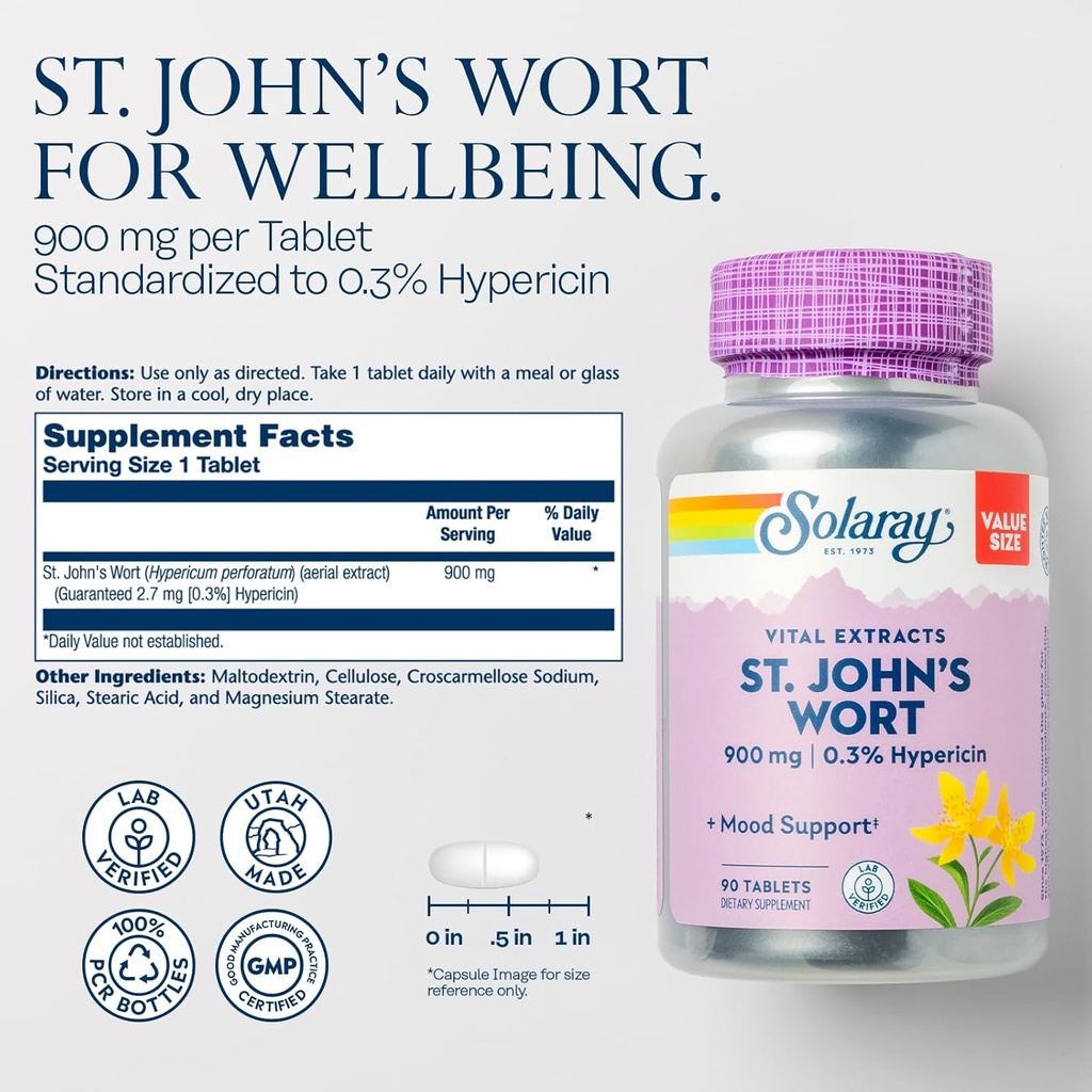 SOLARAY St. Johns Wort Aerial Extract One Daily 900mg | Standardized w/ 0.3% Hypericin for Mood Stability | Non-GMO | 90 Servings | 90 Tablets 3