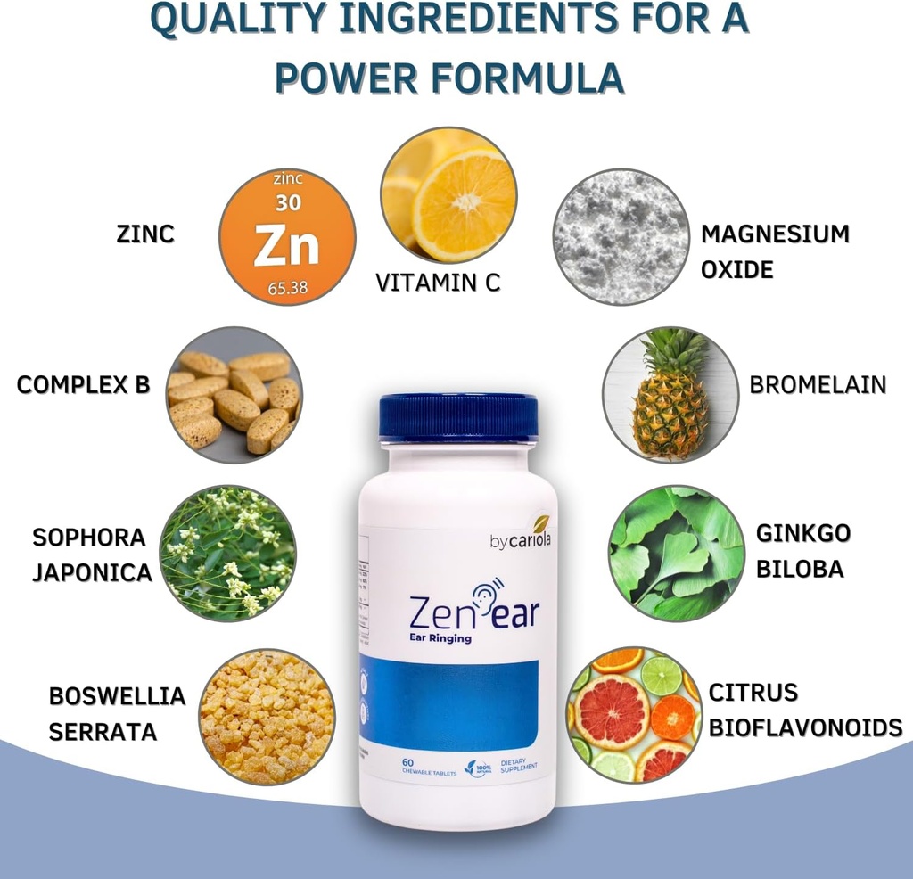 Zen Ear Tinnitus Relief for Ringing Ears - Chewable Ear Health Herbal Supplement with Magnesium, Zinc, B Complex, Bioflavonoids - Reduce Noise & Promote Clarity - 60 Tablets (30 Servings) 4
