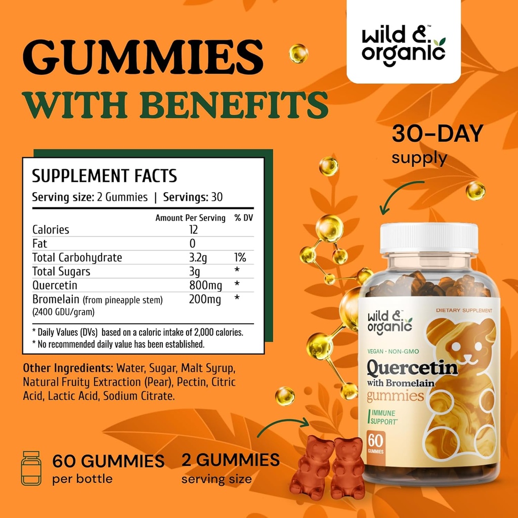 Wild & Organic Quercetin with Bromelain Gummies 800mg - Vegan Bromelain Supplement for Lung Detox and Immune Support - 60 Non-GMO Quercetin Gummies 4