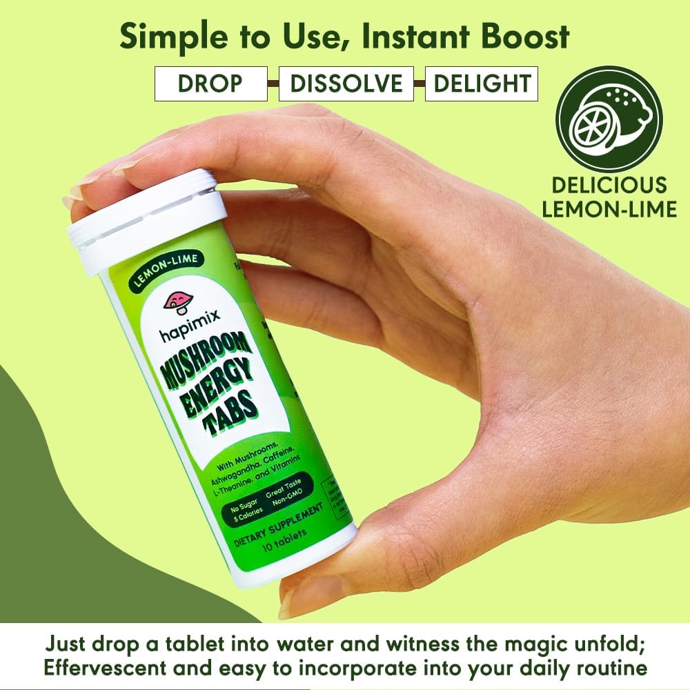 Natural Energy Effervescent Tablets | Lemon-Lime with Natural Caffeine, Lion's Mane & Electrolytes | 8 Powerful Adaptogens with 50mg Caffeine | Dissolves in Water | 10 Servings 6