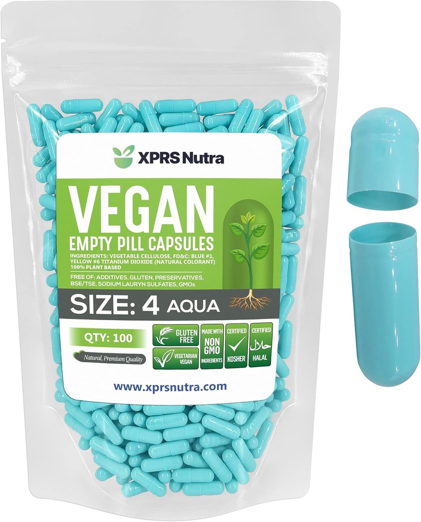XPRS Nutra Size 4 Empty Capsules - 100 Count Small Empty Vegan Capsules - Vegetarian Pills DIY Vegetable Capsule Filling - Fillable Do-It-Yourself Veggie Pill Caps (Aqua) 2