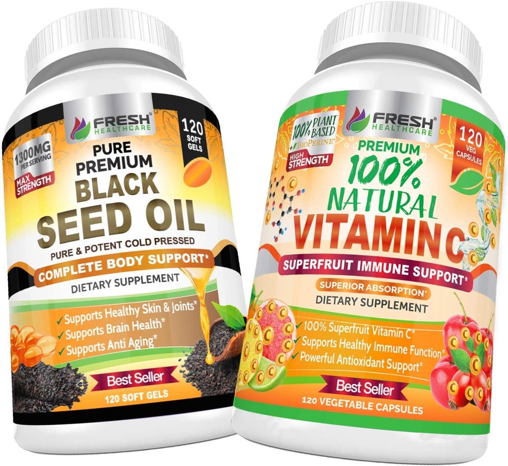 FRESH HEALTHCARE Black Seed Oil and 100% Natural Vitamin C - Bundle 2