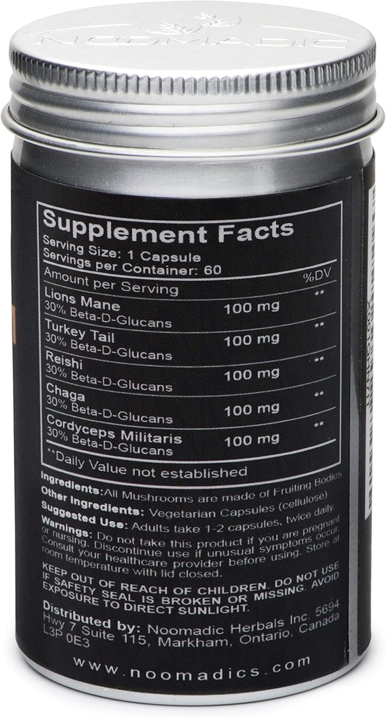 Noomadic Mushroom Total, 60 Capsules, 500mg, 30% Beta Glucans, Adaptogenic Mushroom Complex of Lions Mane, Turkey Tail, Chaga, Reishi, Cordyceps, Hot Water Extract, Fruiting Bodies. 3