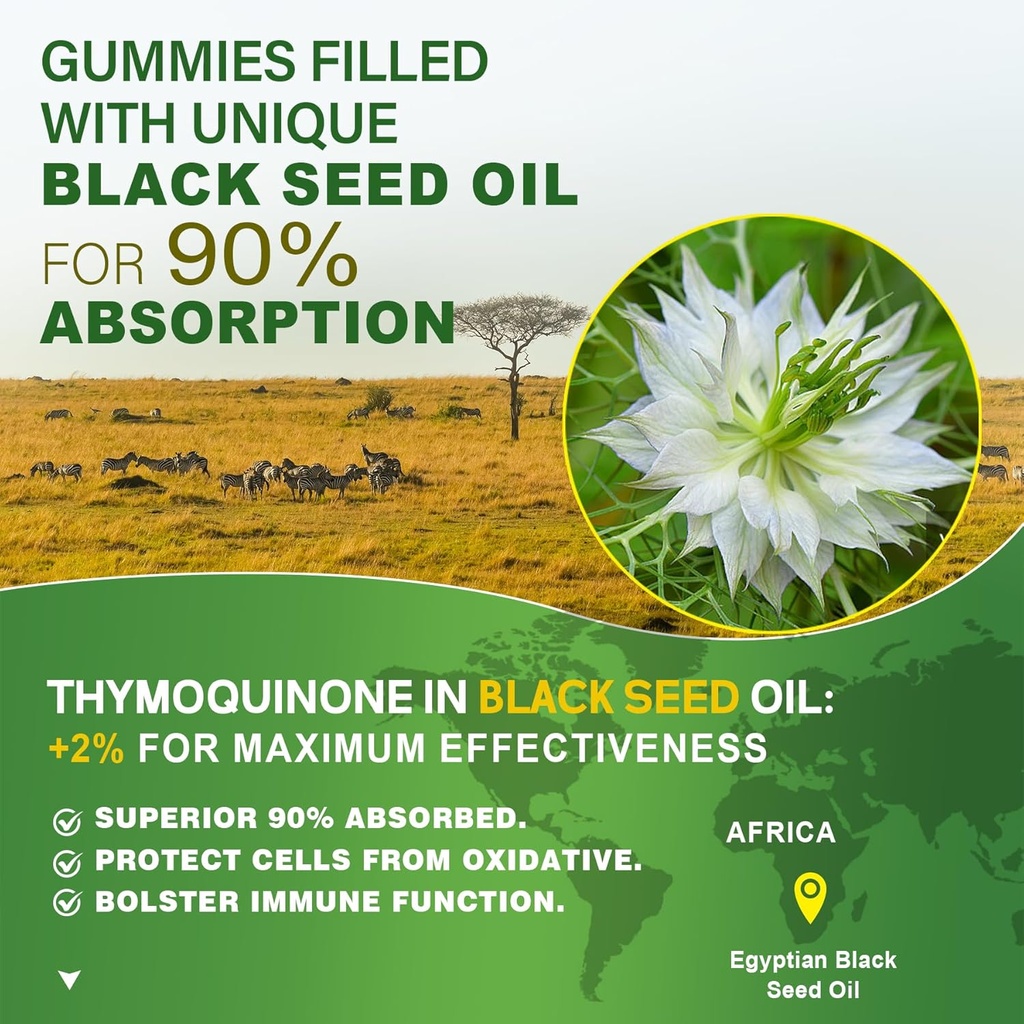 Black Seed Oil Gummies, Chlorophyll & Sea Moss Supplement 500mg, Biotin 500mcg with Hydrolyzed Collagen for Skin, Hair & Nails, Vit E, C, Zinc for Overall Health, Organic Cold Pressed, High Absorption 4
