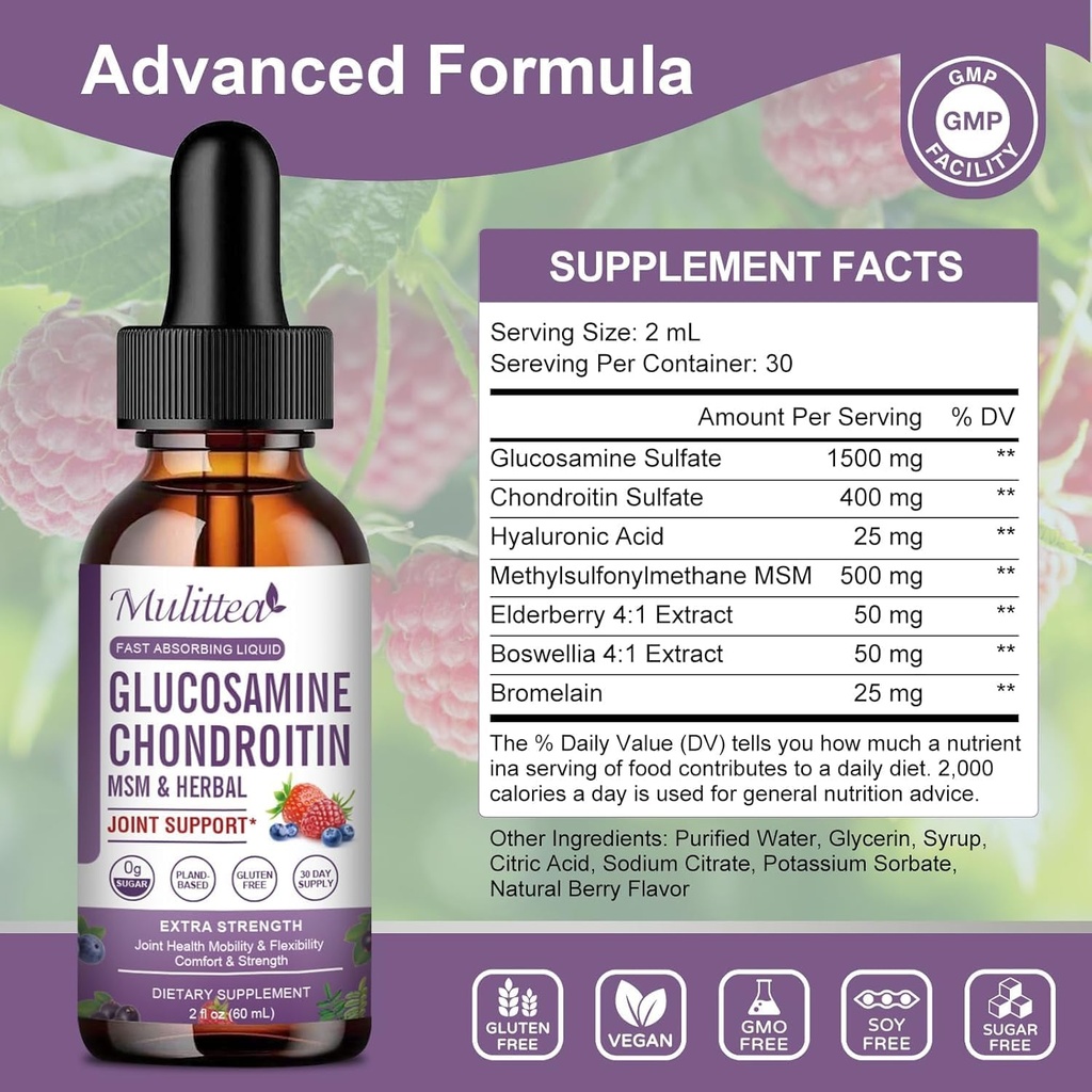Glucosamine Chondroitin MSM Liquid Drops-w/Elderberry, Boswelia &Hyaluronic Acid-Extra Strength Joint Support Supplement for Mobility, Flexibility & Bones,High Absorption,60ml (2 fl oz) 3