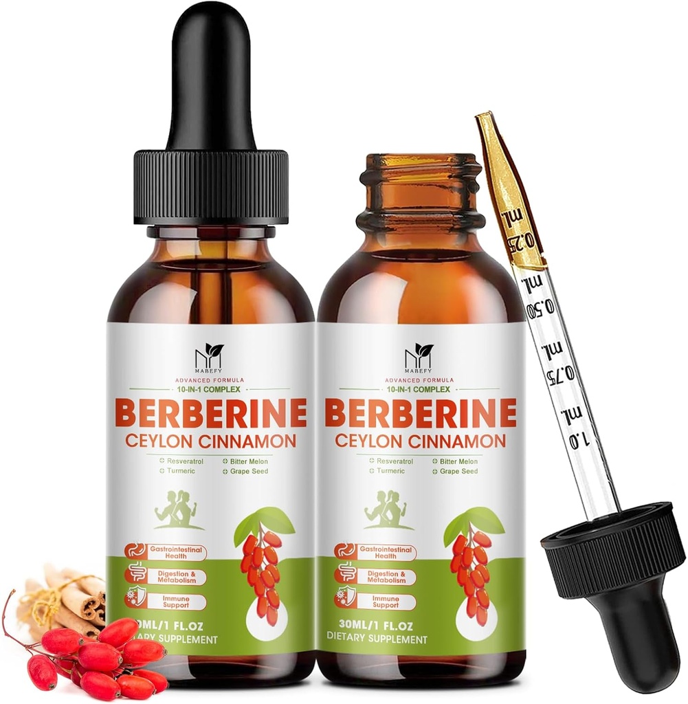 Berberine Supplement Liquid Drops, Berberine 1500mg with Ceylon Cinnamon, Turmeric, Resveratrol, Bitter Melon, Vegan Supplement, Supports Immune System & Digestive System - 2 FL Oz 2