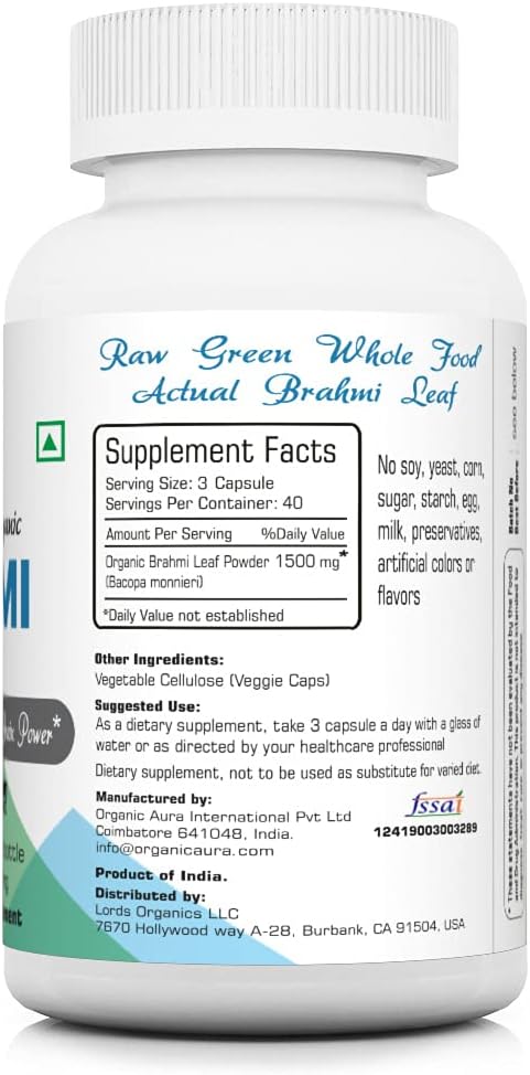 Organic Aura Brahmi Capsules -120 Count. Naturally Strengthens and Boosts Immunity and Memory. Whole Green SuperFood. Non GMO - Gluten Free. 4