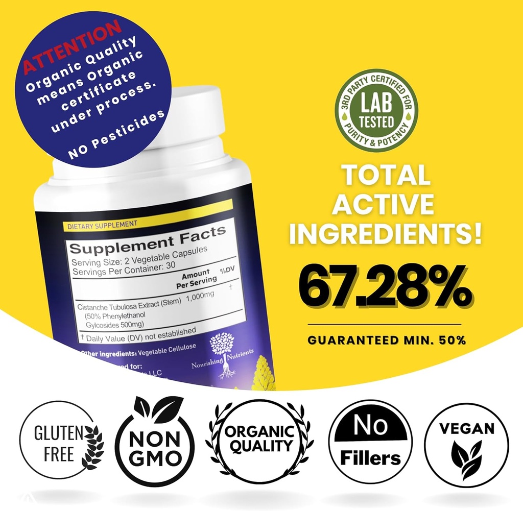 Organic Quality Cistanche Tubulosa |1000mg 60 Capsules |50% Echinacoside, Acteoside, Tubuloside B from Total Phenylethanoid Glycosides. A Natural Energy Supplement for Strength, Performance, Vitality 4