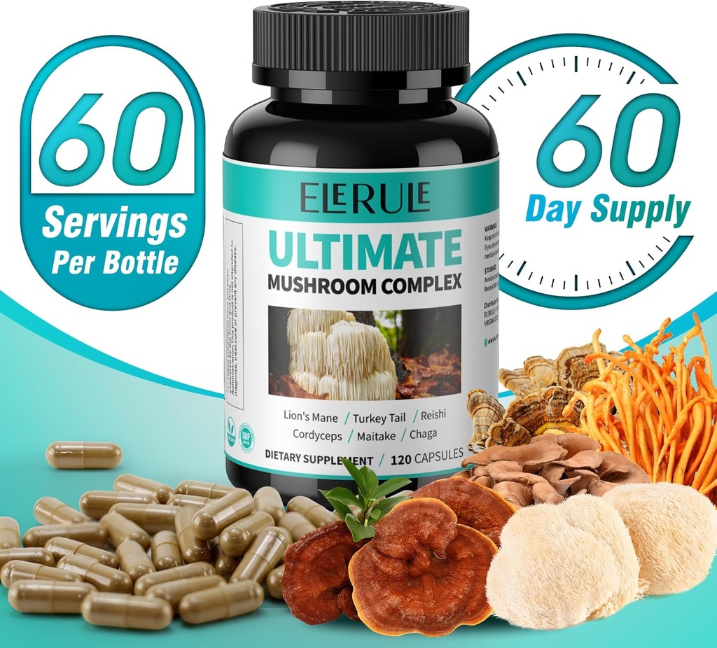 6 in 1 Mushroom Supplement - Focus, Memory, Nootropics Brain & Immune Support Mushroom Complex with Lions Mane, Reishi, Cordyceps, Chaga, Turkey Tail, Maitake (120 Capsules) 6