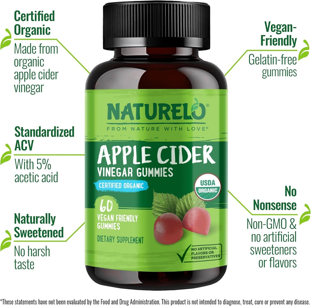NATURELO Apple Cider Vinegar Gummies, Certified Organic, Vegan - 60 Gummies 5