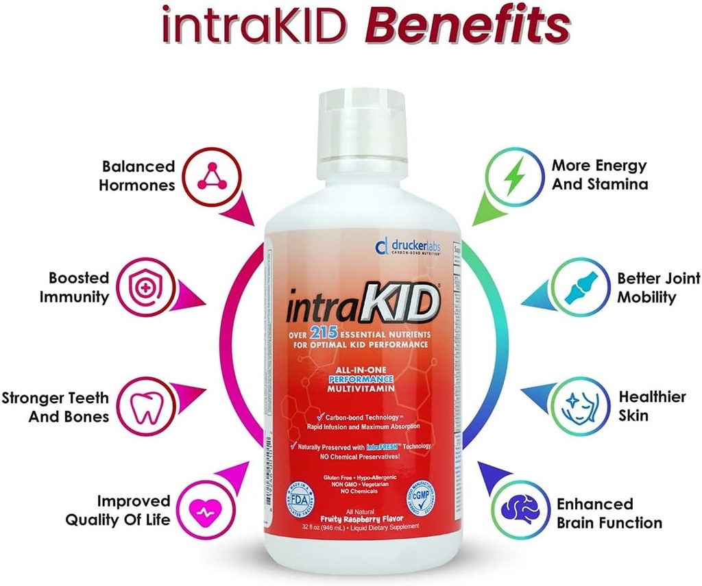 Drucker Labs Organic Liquid Multivitamin for Kids, Immune Support, Non GMO, Dairy Free, Gluten Free, Magnesium, Vitamin A,C,E, Zinc, (32 oz., Fruity Raspberry) 3