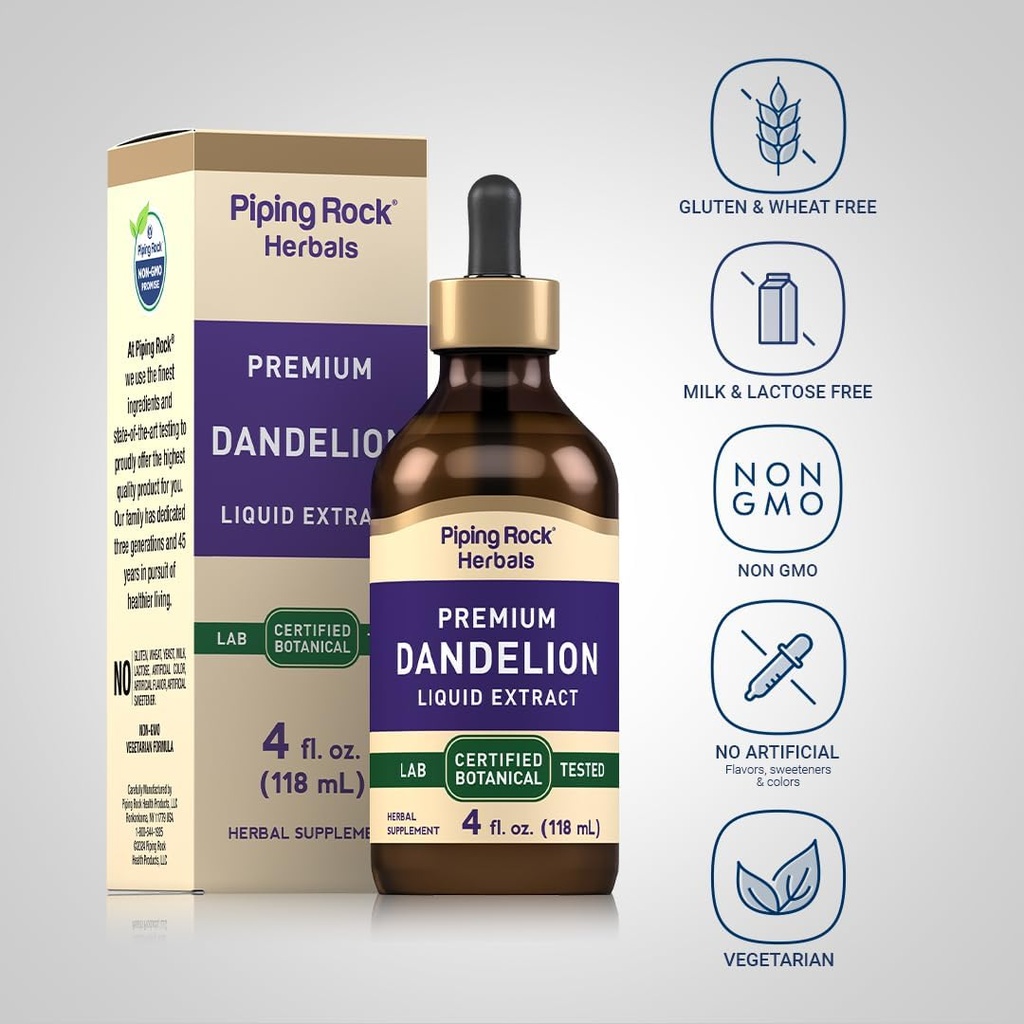 Piping Rock Dandelion Root Extract Liquid Drops | 4 fl oz | Premium Herb Tincture | Alcohol Free | Vegetarian, Non-GMO, Gluten Free Supplement 4