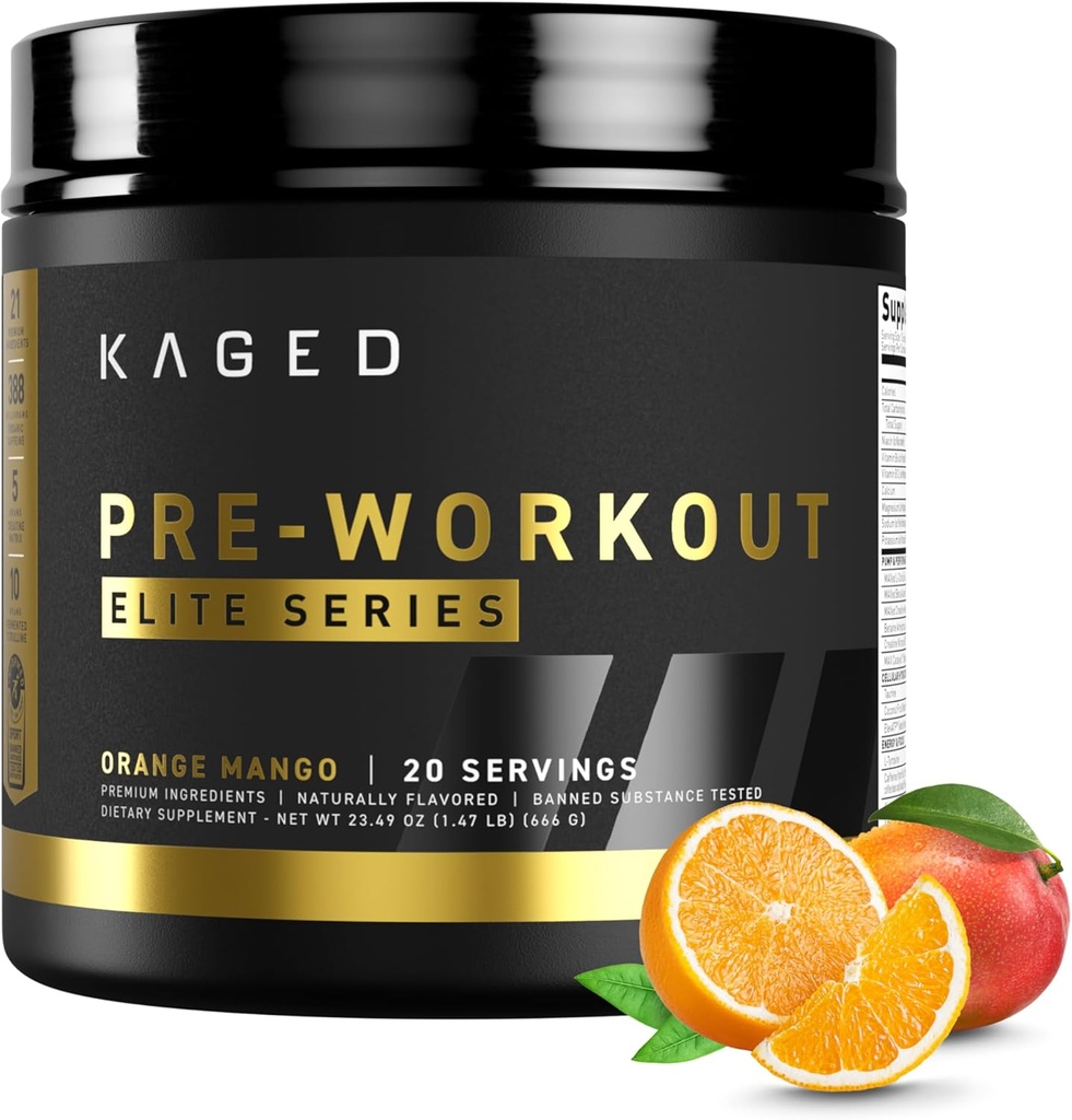 Kaged Pre Workout Powder Pre-Workout Elite for Men & Women, High Stimulant for Energy, Focus, Pumps, L-Citrulline, Beta Alanine, Creatine & 388mg of Organic Caffeine, Orange Mango 2