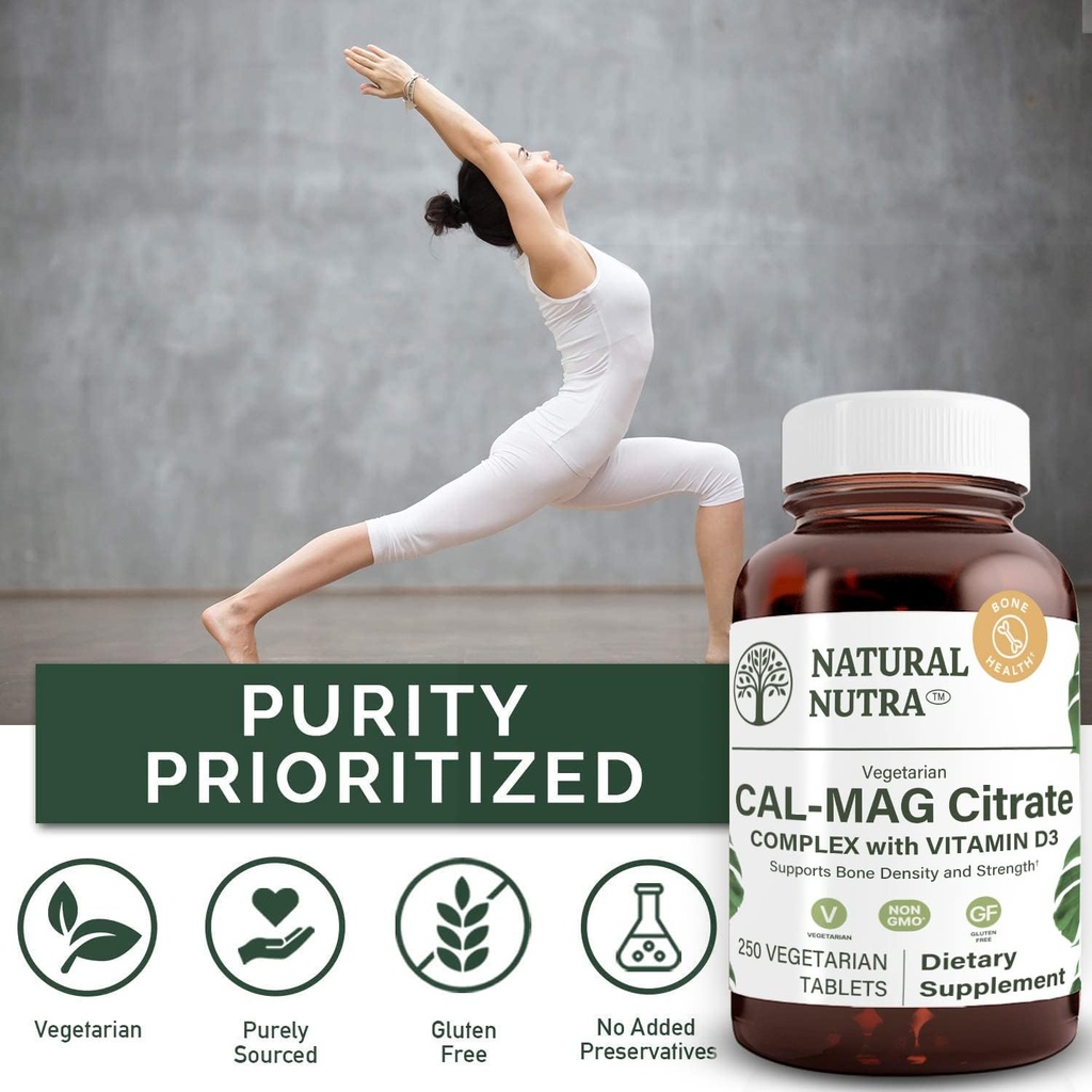 Natural Nutra Cal-Mag Citrate with Vitamin D3,1000/500 mg Complex, Strengthen Bone Density, Muscle and Nerve Health, Help Maintain Healthy Teeth, Highly Bioavailable Sources, 250 Vegan Tablets 5