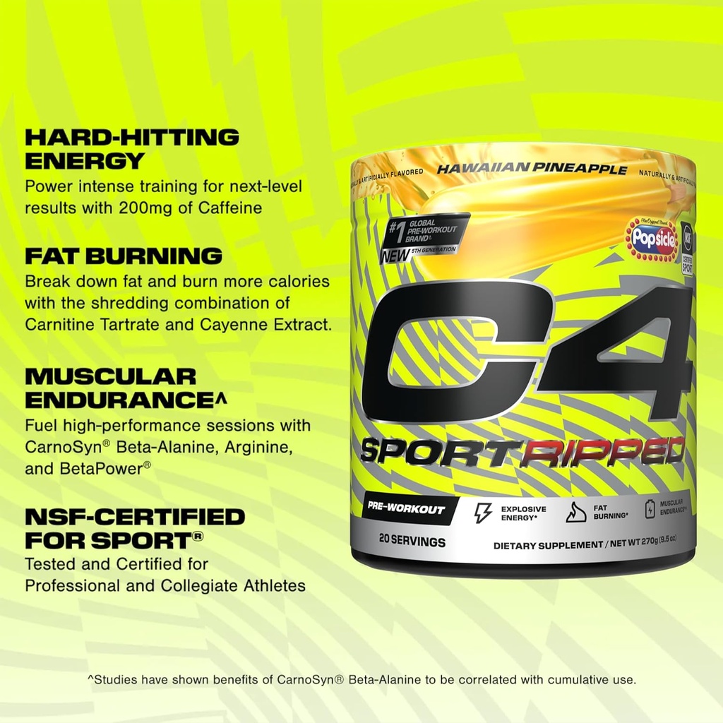 Cellucor C4 Ripped Sport Pre Workout Powder - NSF Certified for Sport - 200mg Caffeine + Cayenne Extract + Carnitine Tartrate + Beta-Alanine - Hawaiian Pineapple, 20 Servings 3