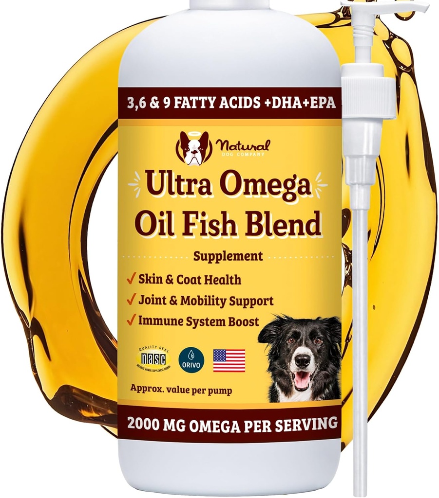Natural Dog Company Ultra Omega Oil for Dogs a 2000 MG Omega 3, 6, 9 with Salmon, Pollock & Flaxseed Oil, EPA & DHA, Dog Supplement for Skin, Coat, Joints, Allergy & Itch Relief, Dog Fish Oil 16oz 2