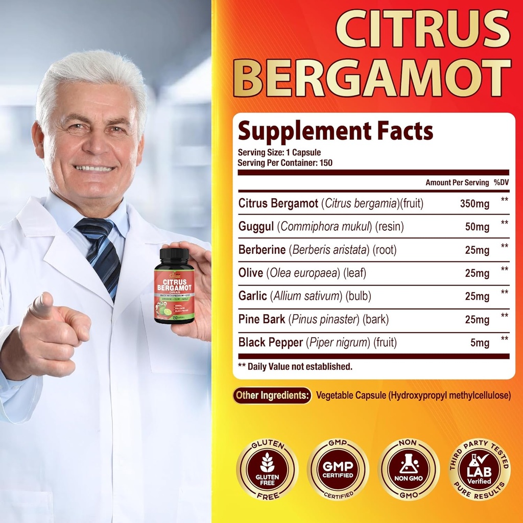 Cadane Citrus Bergamot Supplement Capsules with Berberine, Olive, Guggul, Garlic, Pine Bark, Black Pepper - 150 Caps for 5 Months Supply 4