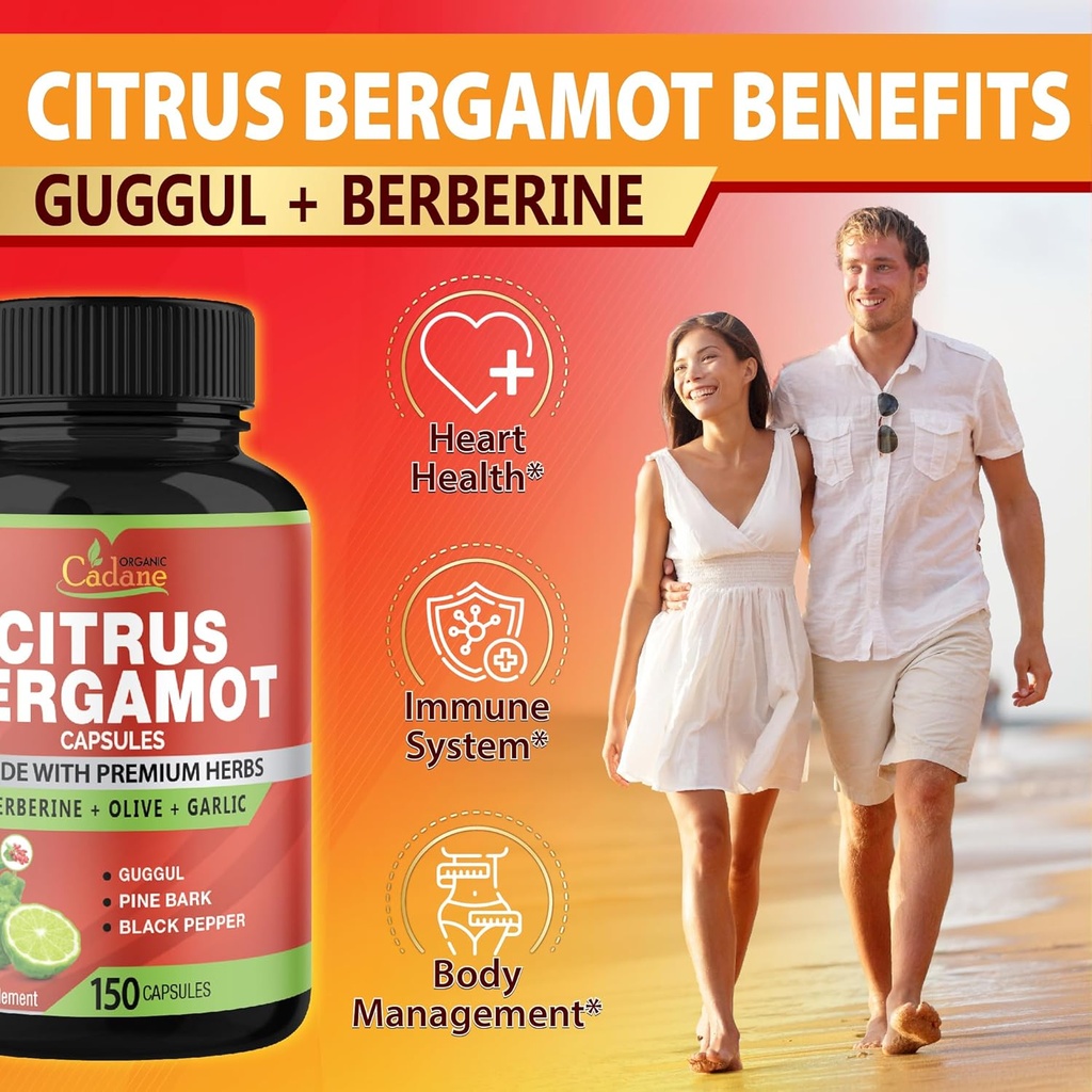 Cadane Citrus Bergamot Supplement Capsules with Berberine, Olive, Guggul, Garlic, Pine Bark, Black Pepper - 150 Caps for 5 Months Supply 5