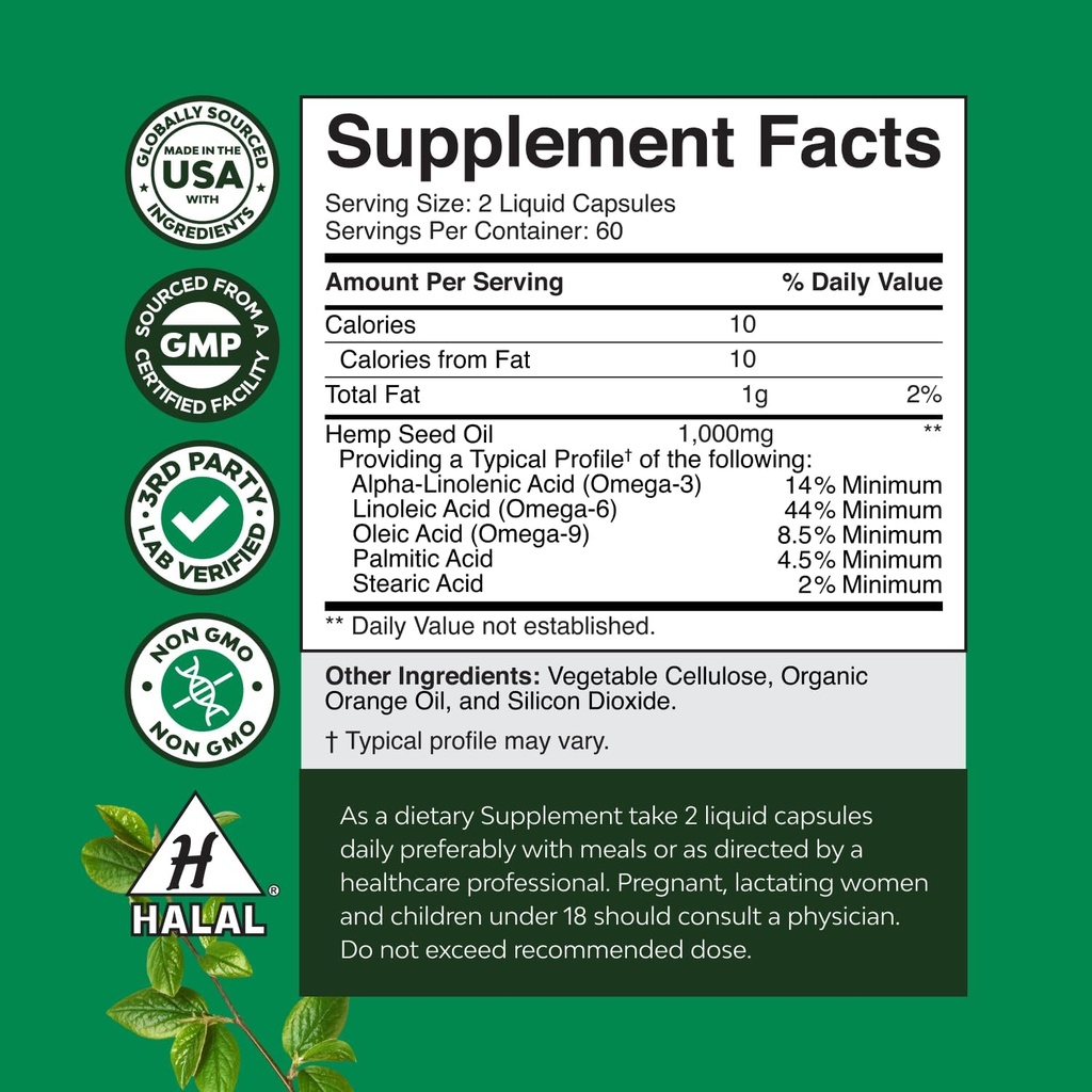 Bundle of Natural Hemp Seed Oil Capsules and Omega Flaxseed Oil 1000mg Softgels - with Essential Fatty Acids for Joint Support - Natural Omega 3 6 9 Supplement for Hair Skin and Nails 3