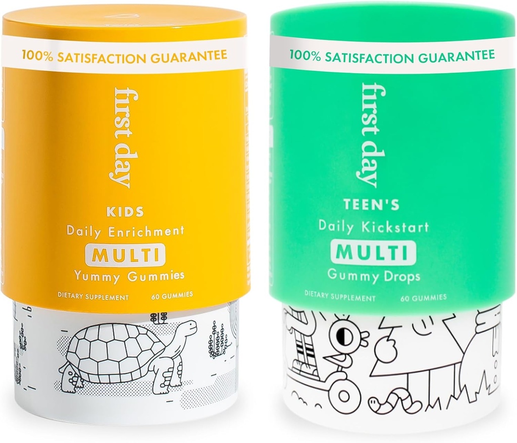 FIRST DAY Multivitamin Gummies Bundle for Kids & Teens – Vitamins A, B, C, D & K + Folate, Magnesium, & Zinc – Made w/Organic Fruits & Veggies, Only 2g Sugar – 2-Pk, 30 Day Supply Each 2