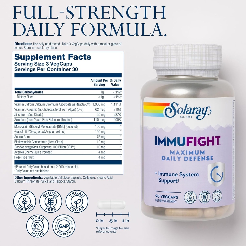 SOLARAY Immufight Maximum Daily Defense, All Day Immune Support, Vitamin C, Vitamin D, Zinc, Probiotics, Monolaurin, Acerola & More, Vegan & Gluten Free, 60 Day Guarantee, 30 Servings, 90 VegCaps 3