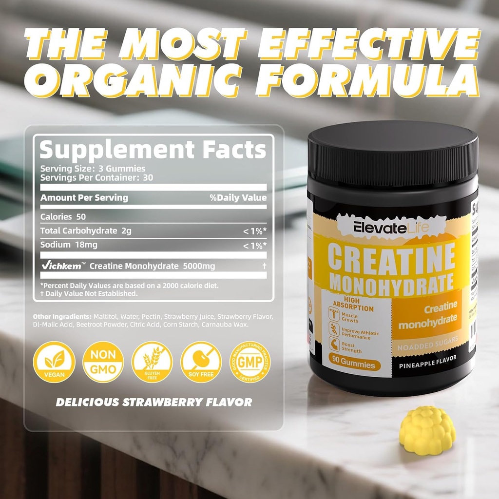 ElevateLife Creatine Monohydrate Gummies 5g for Men Women - Sugar Free Chewable Supplement. 90 Gummies Lemon 6