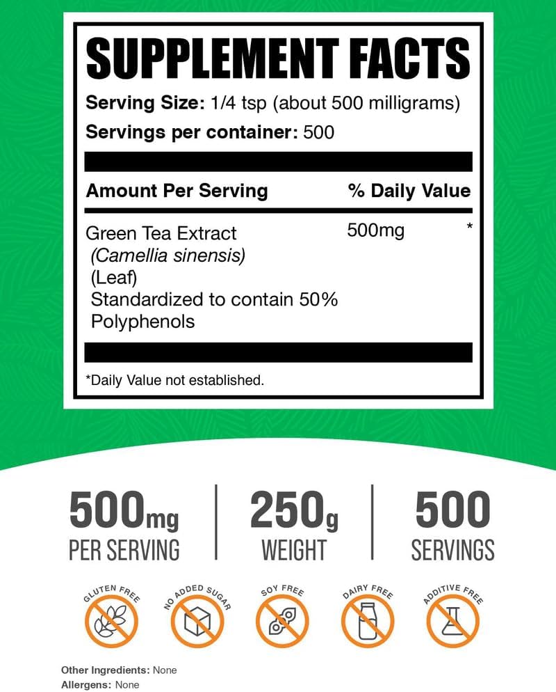 BulkSupplements.comgreen Tea Extract Powder - 50% Polyphenols Supplement, EGCG Supplements - Gluten Free, 500mg per Serving, 250g (8.8 oz) (Pack of 1) 3