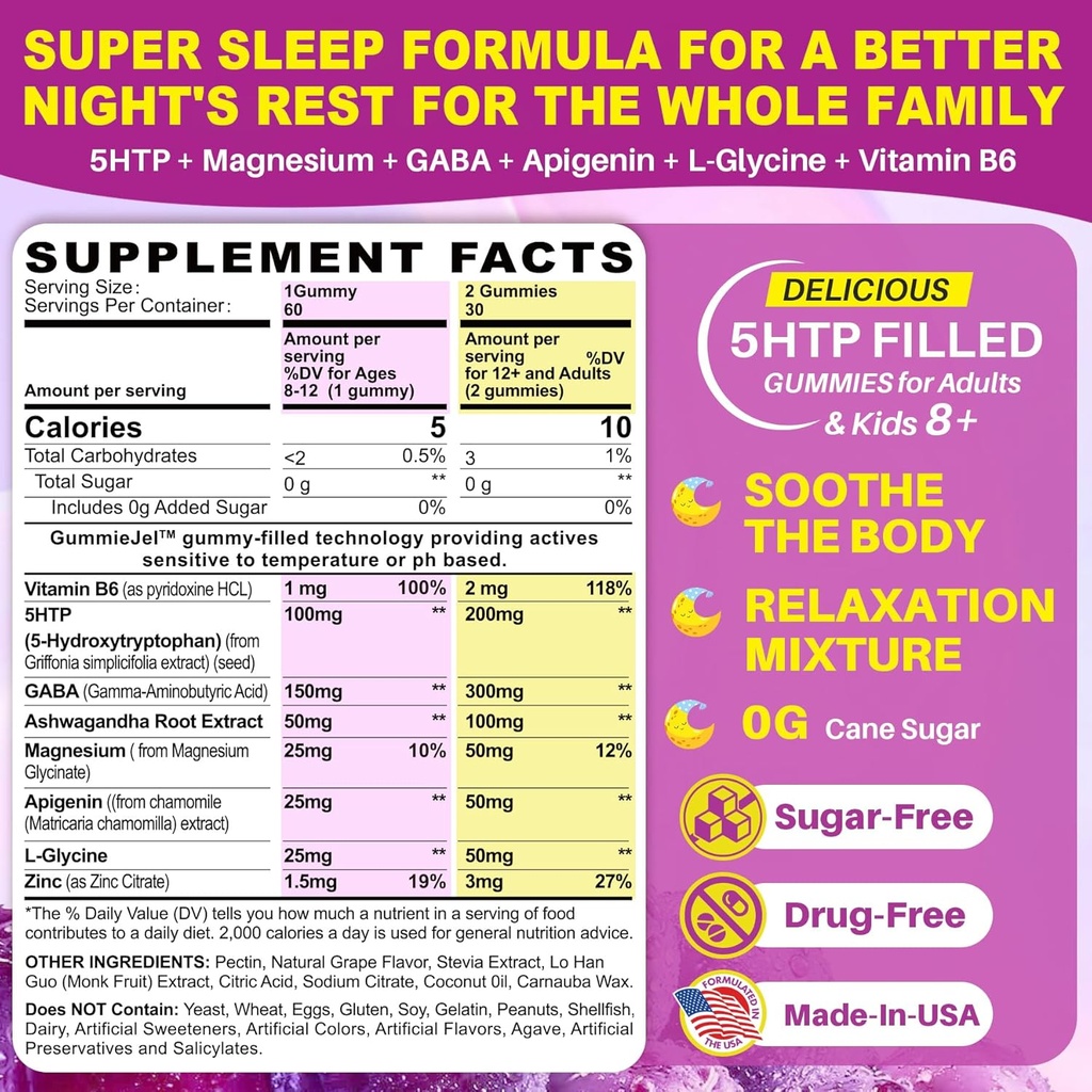 5HTP Gummies for Adults & Kids 8+, Melatonin Free Gummies with Magnesium Glycinate, GABA, L-Glycine, Ashwagandha, Vitamin B6 for Delicious Zzzs, Brain & Muscle Relaxation, 0 Sugar 60 Count (Pack of 1) 3