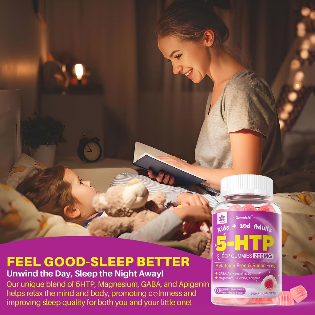 5HTP Gummies for Adults & Kids 8+, Melatonin Free Gummies with Magnesium Glycinate, GABA, L-Glycine, Ashwagandha, Vitamin B6 for Delicious Zzzs, Brain & Muscle Relaxation, 0 Sugar 60 Count (Pack of 1) 5