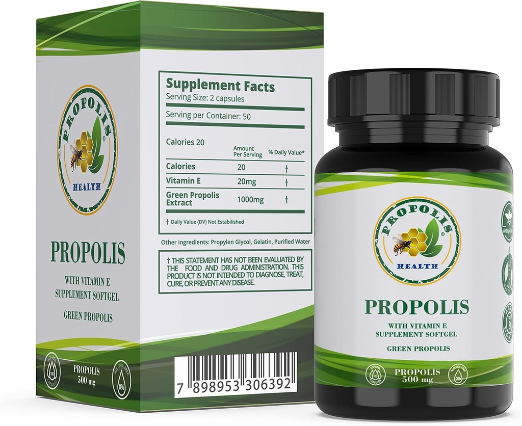 Propolis Health Propolis Capsules 1000mg-Daily with Vitamin E Per dose - Pure Brazilian Green Propolis Extract - Immune Booster 50 Days Supply -100 Capsules 3