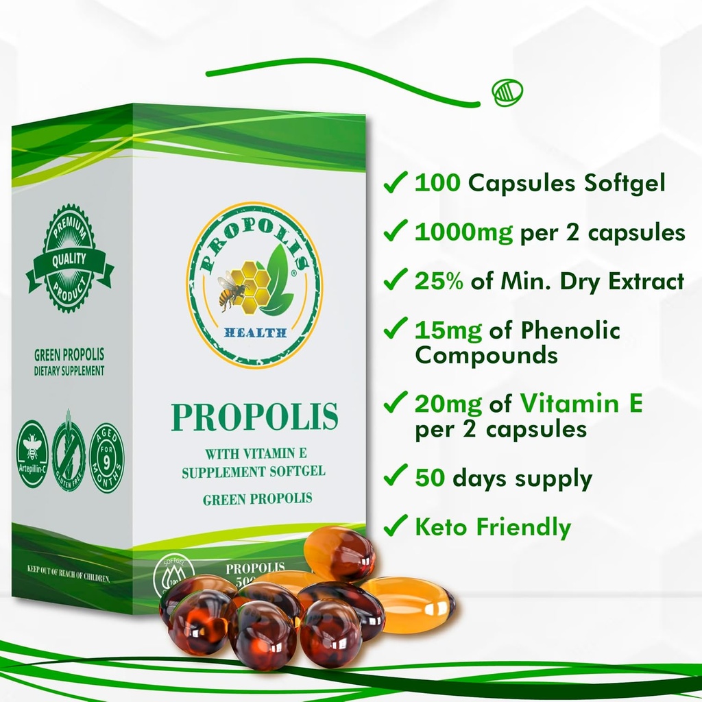 Propolis Health Propolis Capsules 1000mg-Daily with Vitamin E Per dose - Pure Brazilian Green Propolis Extract - Immune Booster 50 Days Supply -100 Capsules 6
