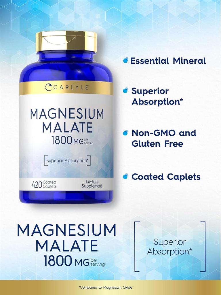 Carlyle Magnesium Malate | 1800mg | 420 Coated Caplets | Vegetarian, Non-GMO, Gluten Free Supplement 5