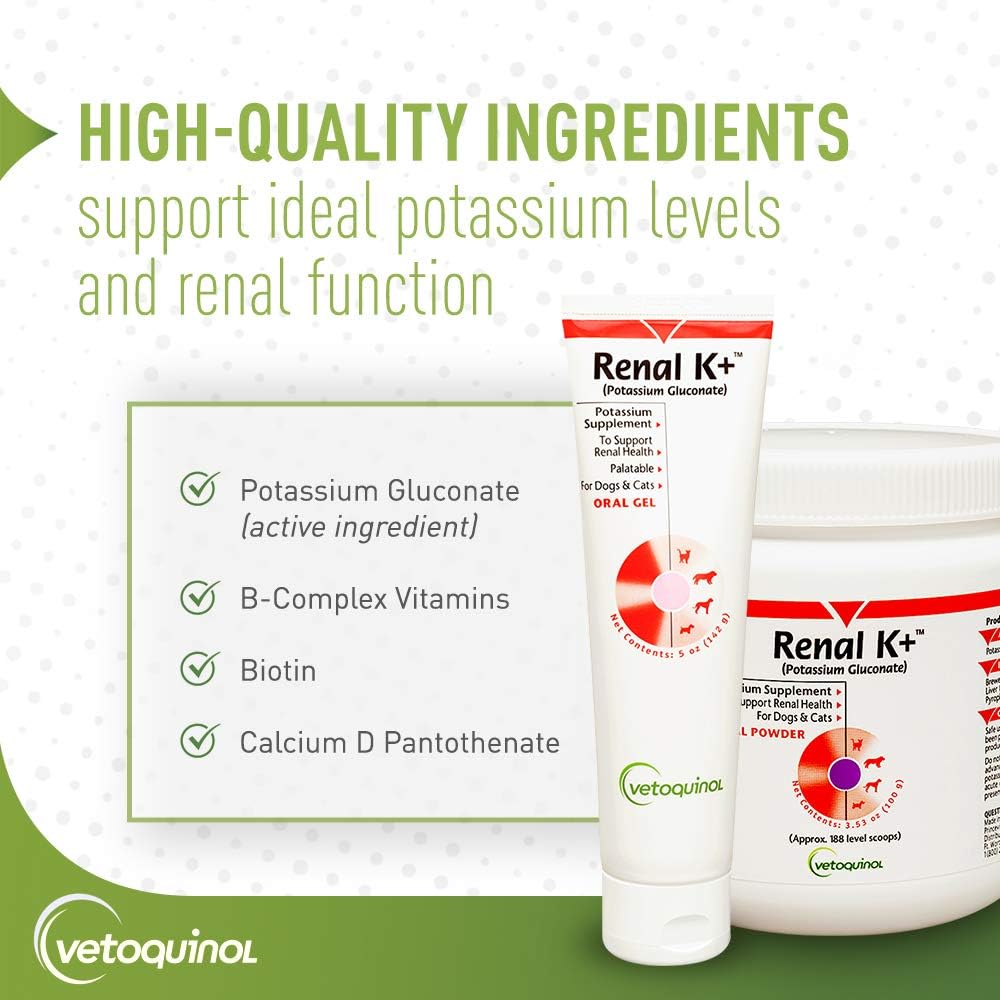 Vetoquinol Renal K+ (Potassium Gluconate) Potassium Supplement Powder for Dogs and Cats, 3.5oz 5