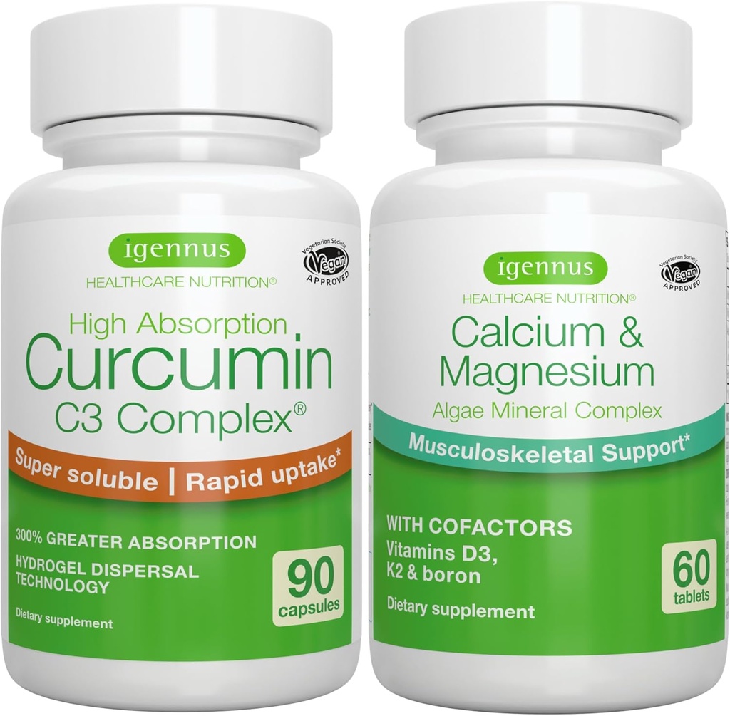 Algae Calcium & Magnesium Complex + High Absorption Curcumin C3 Complex, Vegan Bundle for Bones, Joints & Recovery from Exercise, by Igennus 2