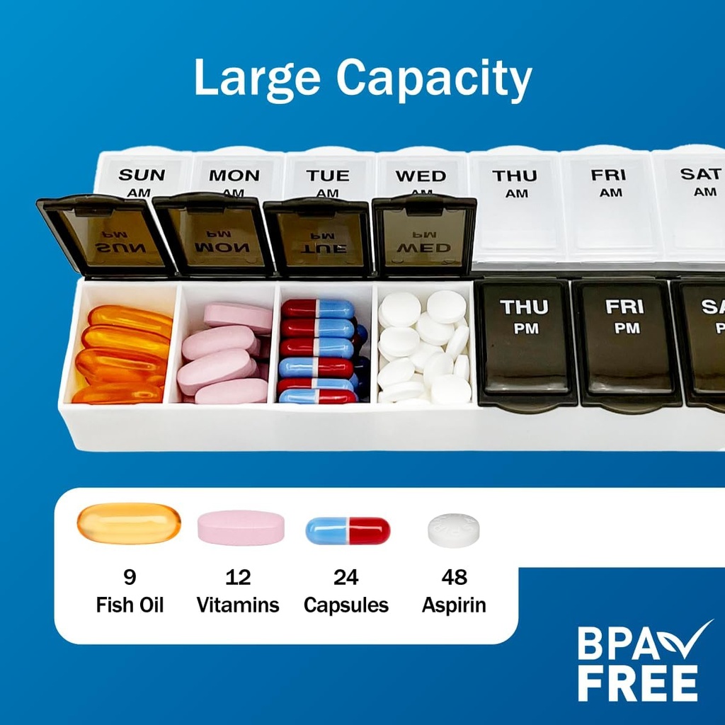 Basic Care (7-Day) AM/PM Pill Organizer, Vitamin Case, And Medicine Box, Large Compartments, 2 Times a Day, Black and Clear Lids 4
